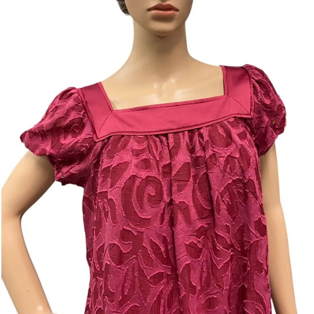 BCBG PARIS Women's Chic Burgundy Babydoll Dress Textured Floral Pattern Sz 8 - Picture 2 of 7